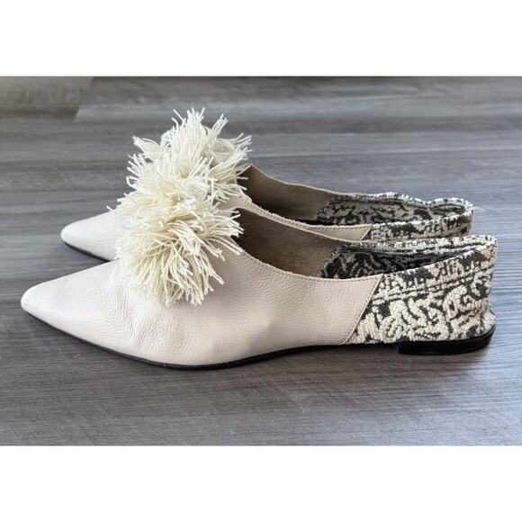 Zara Leather Ballet Flats Size 41 US 10 Fringe Pom Pointed Toe Shoes - Picture 2 of 8